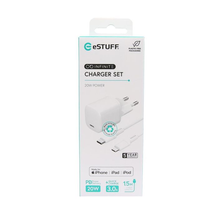 eSTUFF Kit cargador de pared INFINITE PD 20W con enchufe EU y cable USB-C a USB-C de 1,5m, blanco, reciclado 3 eSTUFF Kit cargador de pared INFINITE PD 20W con enchufe EU y cable USB-C a USB-C de 1,5m, blanco, reciclado 3