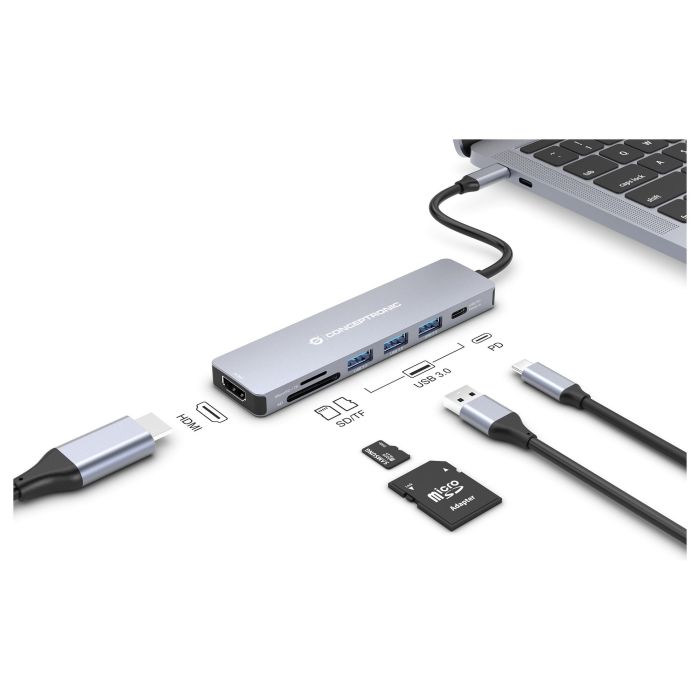 Conceptronic DONN19GR Hub USB Tipo C Gris con 3x USB-A, 1x USB-C, HDMI 1.4, 5Gbps, 4K Ultra HD, Power Delivery 100W 5