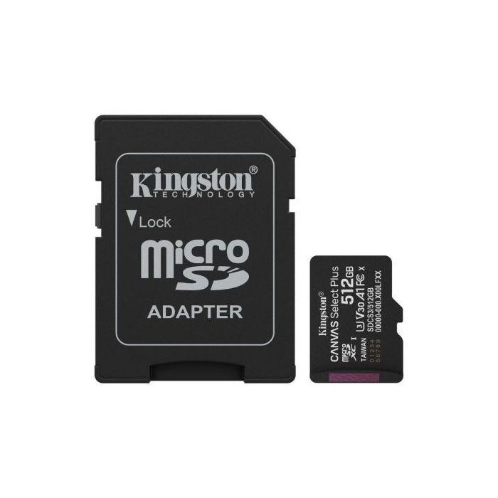 Kingston SDCS3/512GB Tarjeta de Memoria microSDXC Canvas Select Plus 512GB Clase 10 U3 V30 A1 150MB/s con Adaptador 0 Kingston SDCS3/512GB Tarjeta de Memoria microSDXC Canvas Select Plus 512GB Clase 10 U3 V30 A1 150MB/s con Adaptador 0