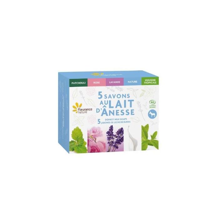 FLEURANCE NATURE Cofre 5 Jabones con Leche de Burra Surtidos: Natural, Rosa, Lavanda, Verbena y Pachulí