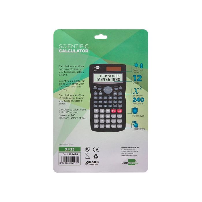 Calculadora Liderpapel Cientifica Xf33 12 Digitos 240 Funciones Con Tapa Solar Y Pilas Color Negro 156x85x20 5