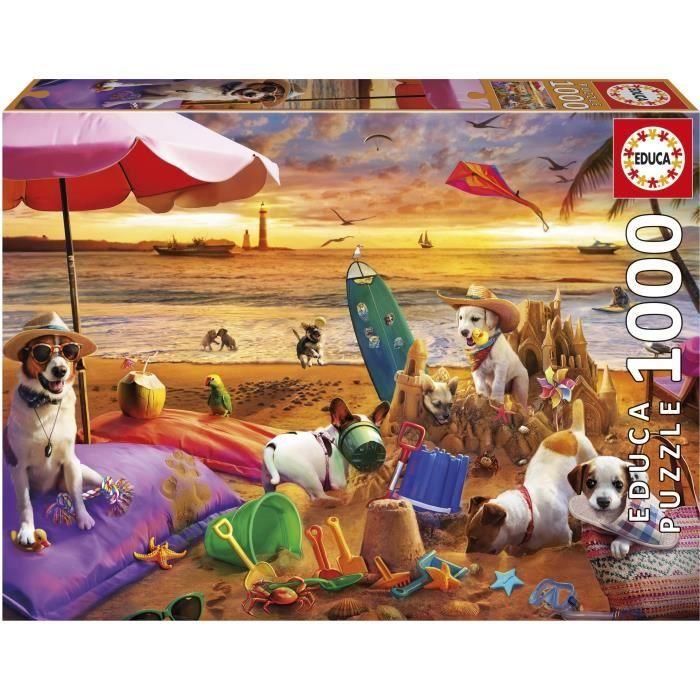 Educa EDU1747759383597 Puzzle Perros jugando en la playa, 1000 piezas, 68 x 48 cm, a partir de 12 años