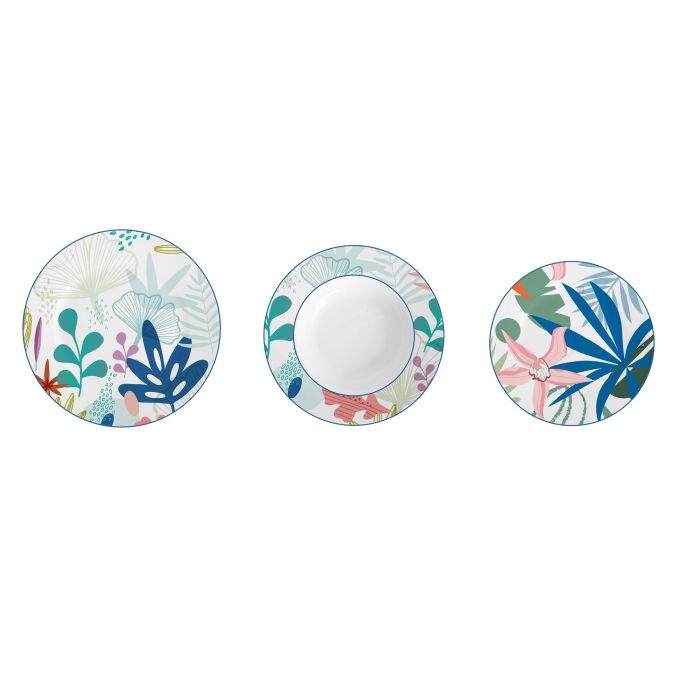 DKD Home Decor Vajilla Moderna de Porcelana en Tonos Azul y Verde con Patrón de Hojas - Set de 18 Piezas (27x27x3 cm)