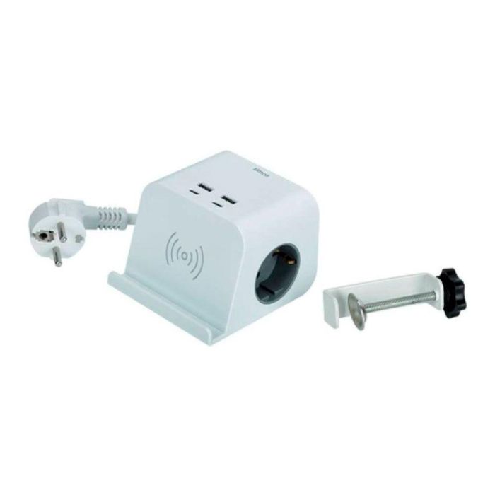 Simon - Base Combiflat 2 Tomas Schuko 16A 250V + 2 USB-A + 2 USB-C + Carga Inalámbrica 10W con Soporte y Fijación, Blanco