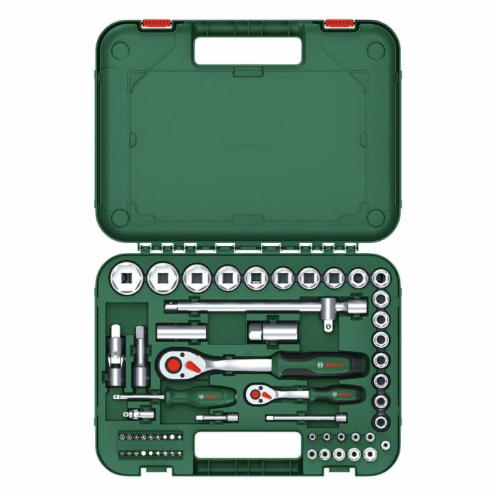 Bosch BOS4053423254150 Juego de Trinquete 57 Piezas 1/4 + 1/2 para Bricolaje, 55 Accesorios Alto Torque con Estuche de Transporte 1