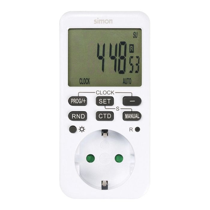Simon af711202 Programador Digital Semanal para Control Energético y Seguridad del Hogar, 3600W, 16A, con 10 Programas ON/OFF