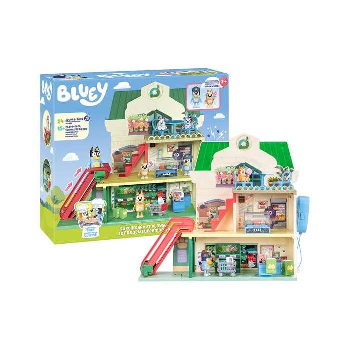 MOOSE Supermercado de Bluey y Bingo con Escalera Mecánica, Más de 24 Sonidos y 2 Figuras Exclusivas (Edad: +3 años)