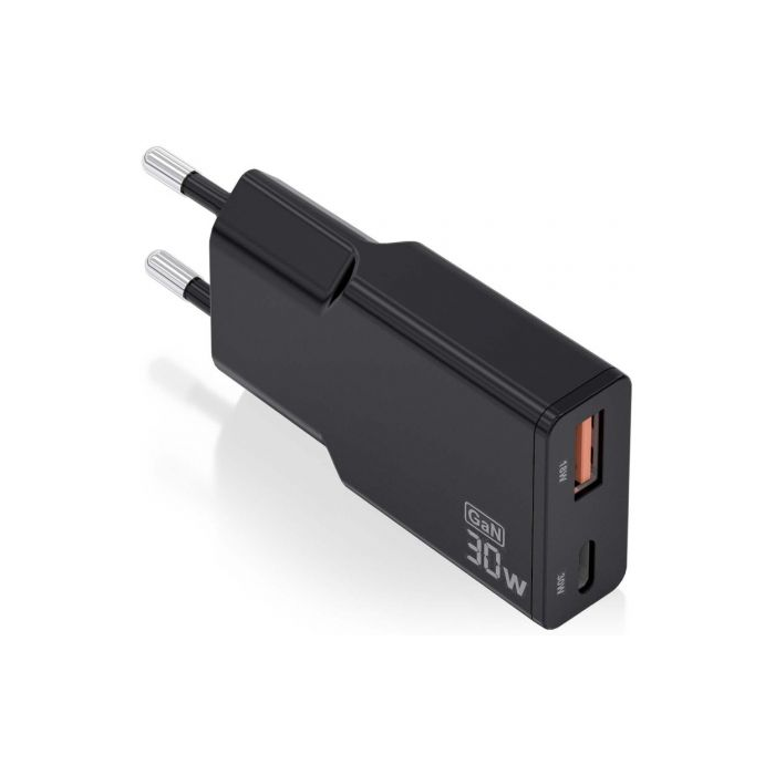 Cargador GaN de Pared Aisens ASCH-30W2P047-BK/ 1xUSB Tipo-C/ 1xUSB/ 30W/ Negro