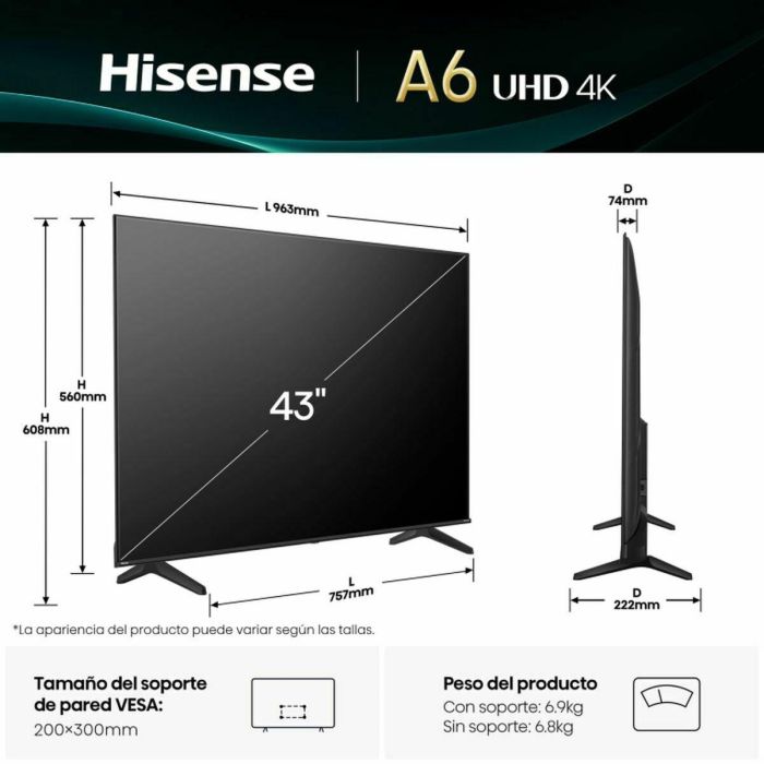 Hisense 43A6Q Televisor Smart TV 43" 4K Ultra HD VIDAA Alexa, Dolby Vision, Modo Juego Plus, Wi-Fi Negro 30 Hisense 43A6Q Televisor Smart TV 43" 4K Ultra HD VIDAA Alexa, Dolby Vision, Modo Juego Plus, Wi-Fi Negro 30