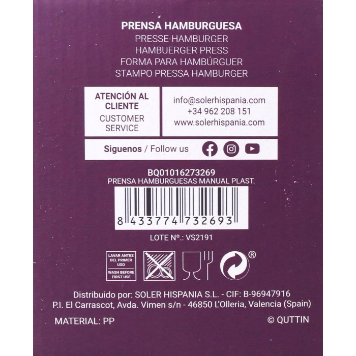 Prensa Hamburguesas Manual Quttin - Plastico (18 Unidades) 8 Prensa Hamburguesas Manual Quttin - Plastico (18 Unidades) 8