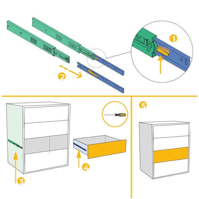 Emuca Juego de guías de bolas para cajones con extracción total, altura 45mm, longitud 600mm, Acero, Cincado 5 Emuca Juego de guías de bolas para cajones con extracción total, altura 45mm, longitud 600mm, Acero, Cincado 5