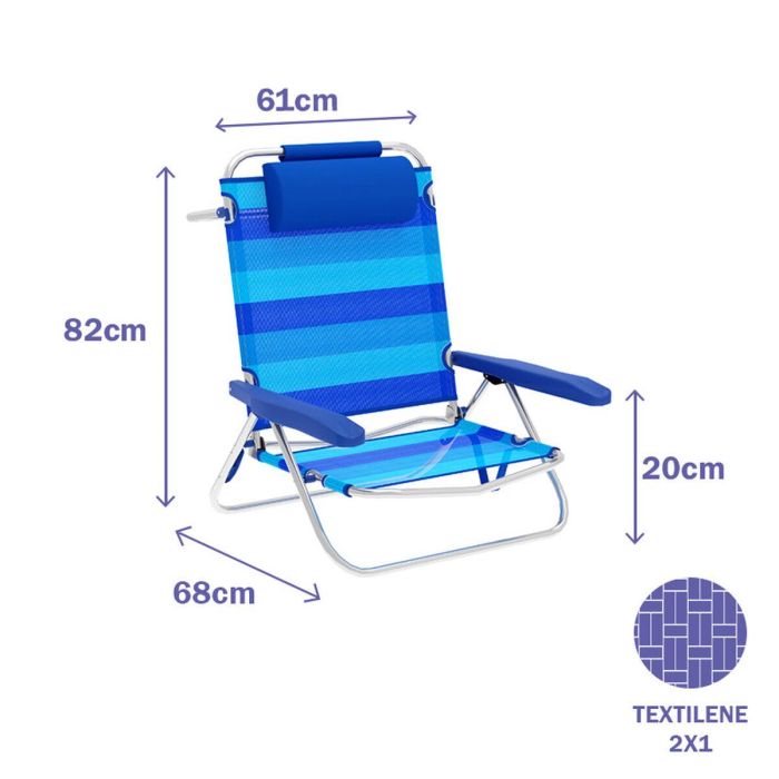 Marbueno Silla Plegable 5 Posiciones Aluminio con Cojin Rayas Azules Playa y Piscina 61X68X82 cm 10242 1
