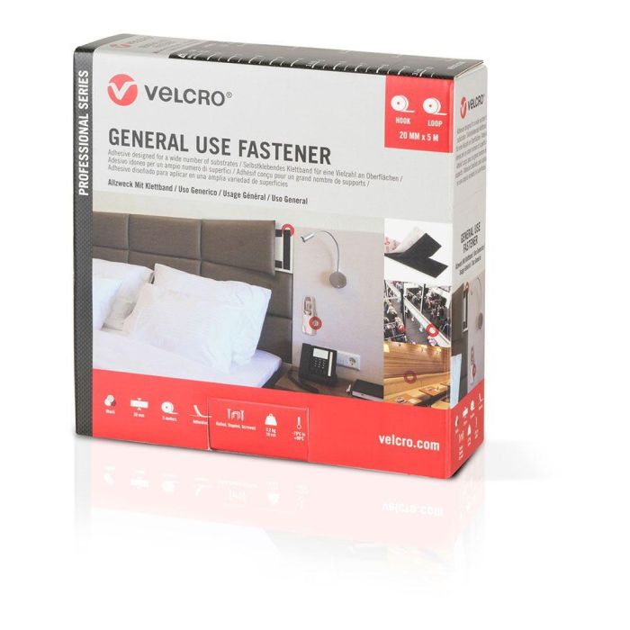 Velcro® Cinta de Cierre Adhesiva de Gancho y Bucle Negra 20 mm x 5 m