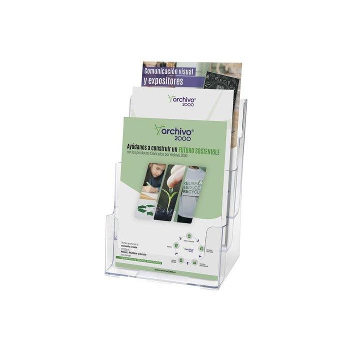 Archivo 2000 Portafolletos de Sobremesa DIN A5 Vertical, 3 Compartimentos, Poliestireno Ultra Transparente