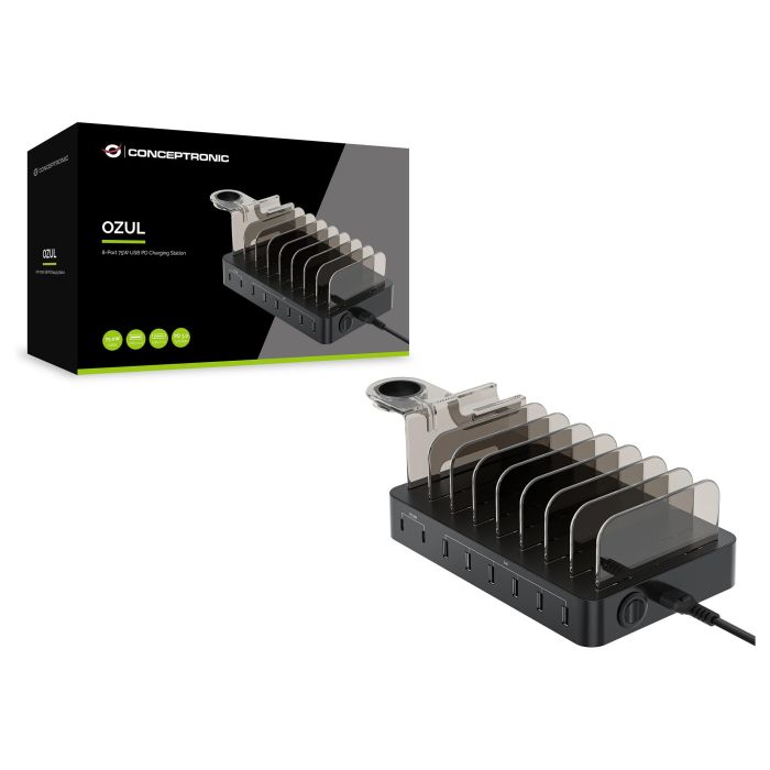 Conceptronic OZUL02B Estación de Carga 75W con 2 Puertos USB-C PD 3.0 y Soporte Apple Watch, 6 Puertos USB-A, Carga Rápida para Nintendo Switch, iPad, iPhone, Samsung