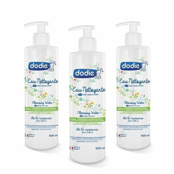 Dodie Agua Limpiadora 3 en 1 Bebé Hipoalergénica y Orgánica. Para Rostro, Cuerpo, Asiento. Lote 3 x 500ml
