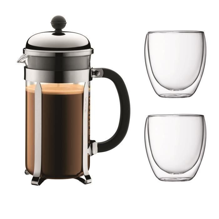 BODUM CHAMBORD Juego de cafeteras de prensa francesa - 8 tazas - 1L - Gris - Con 2 vasos de doble pared Pavina 0.35l BODUM CHAMBORD Juego de cafeteras de prensa francesa - 8 tazas - 1L - Gris - Con 2 vasos de doble pared Pavina 0.35l