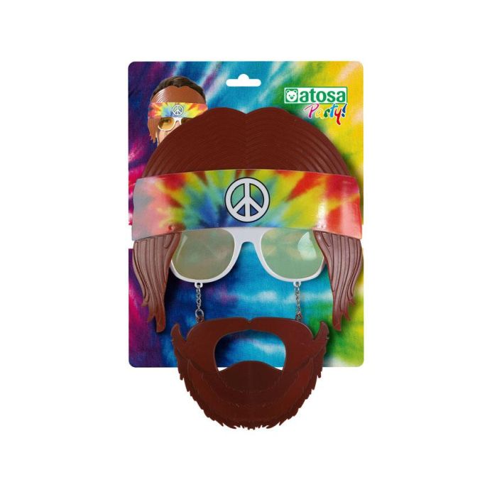 Gafas Hippie Años 60 con Pelo y Bigote Incorporado para Disfraz 1