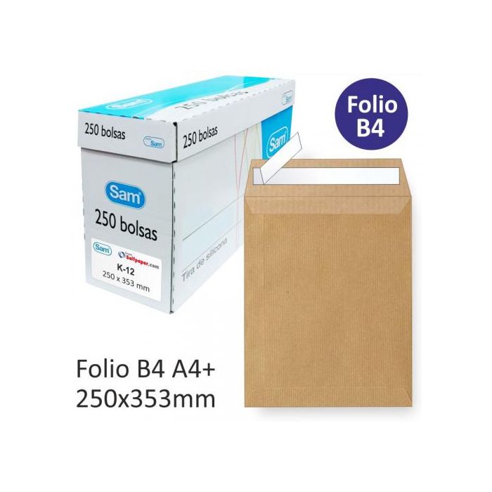 Sam Bolsa K-12 Din B4 Folio Autoadhesivo Con Tira De Silicona 250x353 90 gramos Kraft 250 Bolsas