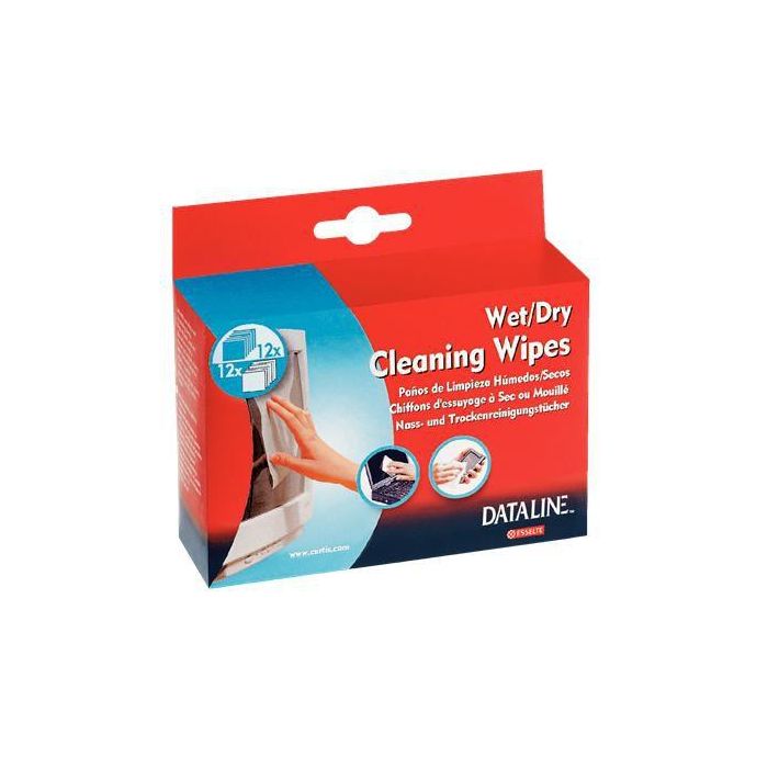 Esselte Toallitas Limpiadoras Húmedas y Secas para Pantallas, Filtros Antirreflejos, Portátiles. Pack 12+12 Sin Rayas.