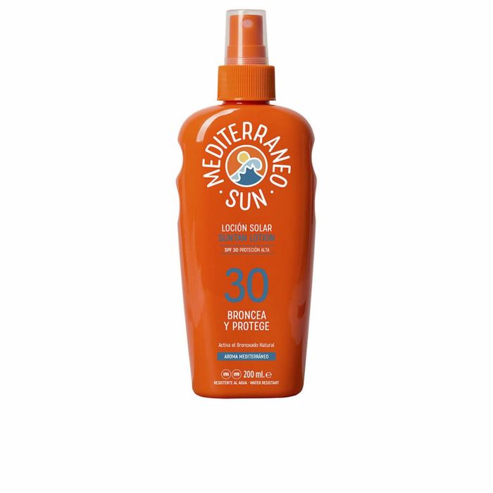 Mediterraneo Sun Protector Solar Corporal Dark Tanning SPF30 Coco Spray Loción 200 ml Resistente al Agua y Sin Parabenos Todo Tipo de Pieles