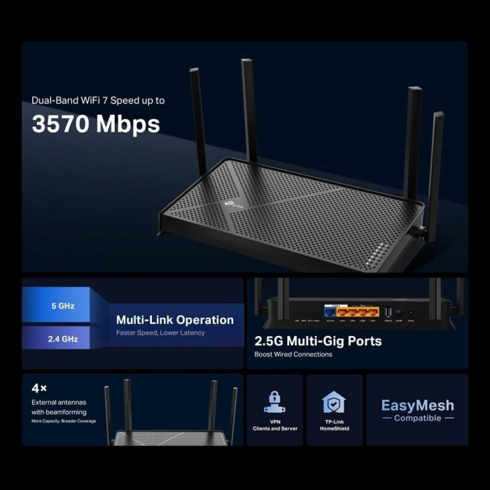 TP-Link Archer BE3600 Router Wi-Fi 7 Inalámbrico Doble Banda 2.4/5GHz 2.5 Gigabit Ethernet 2882 Mbps MU-MIMO USB Negro 24