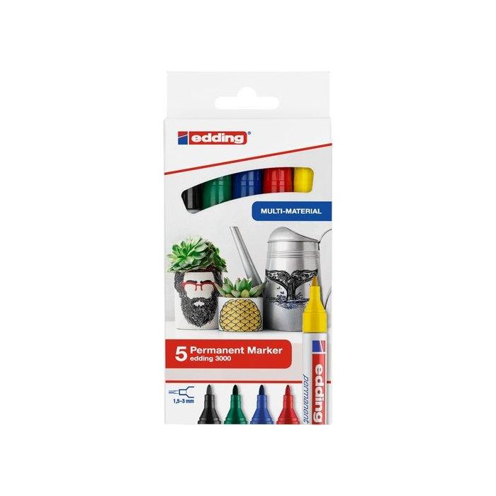 Marcador Permanente Edding 3000 Conico Colores Basicos Estuche De 5 (Negro, Rojo, Azul, Verde, Amarillo)