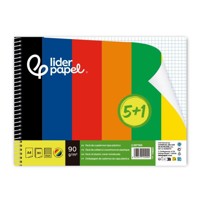 Cuaderno Espiral Liderpapel Din A4 Tapa Polipropileno 80H 90 gr Cuadro 4 mm Con Margen Pack 5+1 Colores Surtidos Cuaderno Espiral Liderpapel Din A4 Tapa Polipropileno 80H 90 gr Cuadro 4 mm Con Margen Pack 5+1 Colores Surtidos