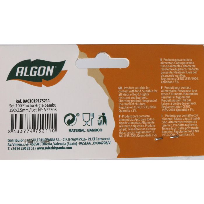 Set de 100 pinchos higiénicos de bambú 150 x 2.5 mm - Algon (36 Cajas) 6 Set de 100 pinchos higiénicos de bambú 150 x 2.5 mm - Algon (36 Cajas) 6