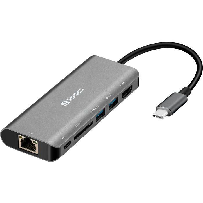 Sandberg Base de Acoplamiento USB-C Dock con HDMI, LAN RJ45, Lector de Tarjetas SD, USB 3.0 y Carga Power Delivery 100W para Ordenador 0 Sandberg Base de Acoplamiento USB-C Dock con HDMI, LAN RJ45, Lector de Tarjetas SD, USB 3.0 y Carga Power Delivery 100W para Ordenador 0