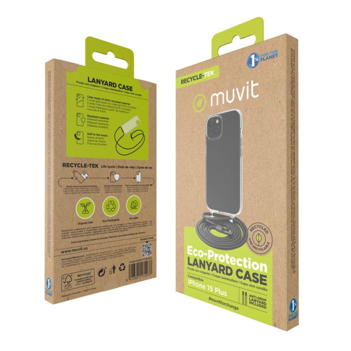 Muvit Funda Recycletek para Apple iPhone 15, Transparente Ecoamigable con Cordón Resistente, Fabricada con Material Reciclado, Certificación GRS 6