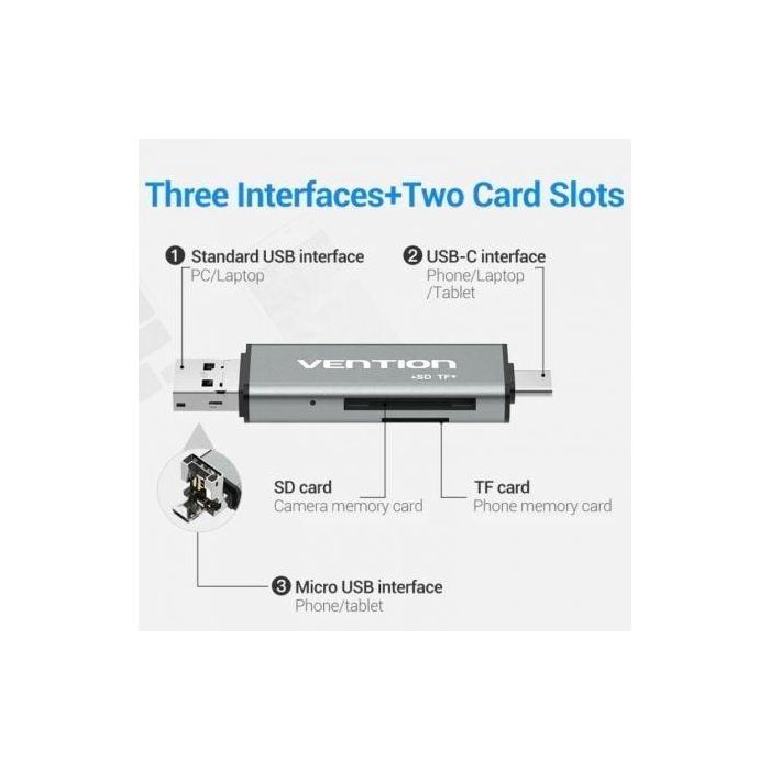 Vention CCJH0 Lector de Tarjetas Externo USB 2.0/USB-C/Micro USB Multitarjeta TF/SD 256GB Carcasa Aleación Aluminio Gris 3 Vention CCJH0 Lector de Tarjetas Externo USB 2.0/USB-C/Micro USB Multitarjeta TF/SD 256GB Carcasa Aleación Aluminio Gris 3