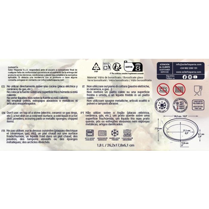 Quttin Fuente Vidrio Oval 26.2x17.8x6.1 cm 1.8L 747g (6 Unidades) Quttin Fuente Vidrio Oval 26.2x17.8x6.1 cm 1.8L 747g (6 Unidades)