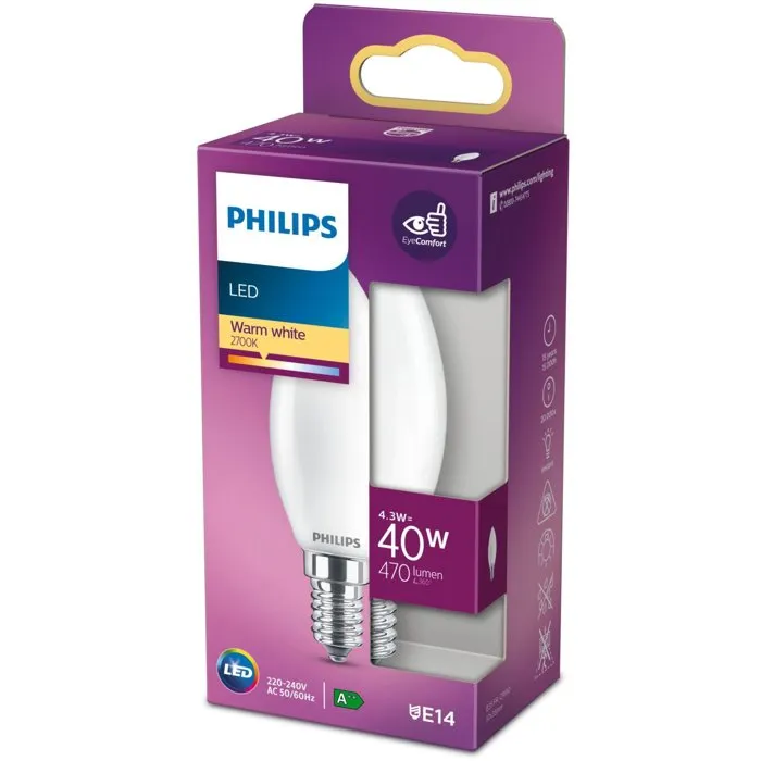Philips Bombilla Vela LED E14 4,3W 470lm 2700K Luz Calida Ø3,5x9,7cm 2