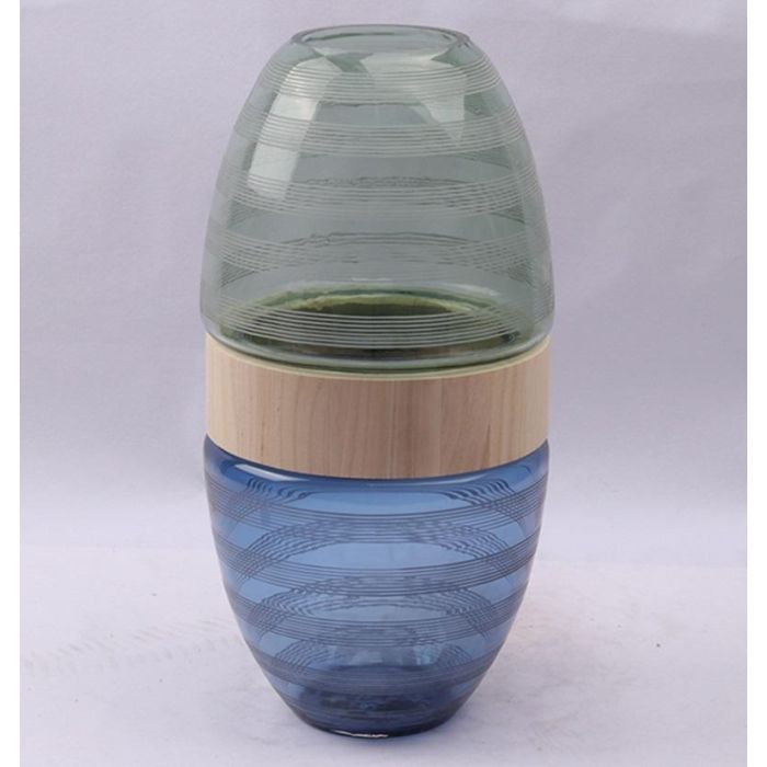 DKD Home Decor Jarrón Moderno de Cristal y Madera, Azul Marino, Marrón y Verde Menta, 21x43x21 cm