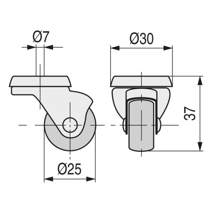 Q&Q Rueda Giratoria para Mueble con Aro de Plástico Gris Ø25 mm, Taladro Pasante y Acabado Zincado 1