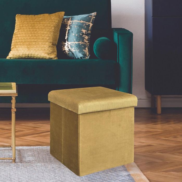 Home Deco Factory Caja Puf Plegable Terciopelo Amarillo Mostaza Lounge 38x38x38 cm 1