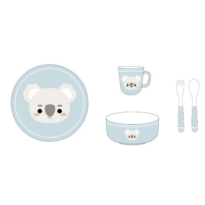 DKD Home Decor Vajilla Infantil Koala New Bone Set de 5 Piezas Azul Gris, 19.3 x 19.3 x 2 cm, Apta Microondas y Lavavajillas 1