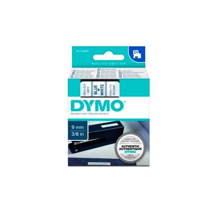Dymo Cinta de Transferencia Térmica D1 40914, Azul sobre Blanco, Poliéster Autoadhesiva, 9 mm x 7 m