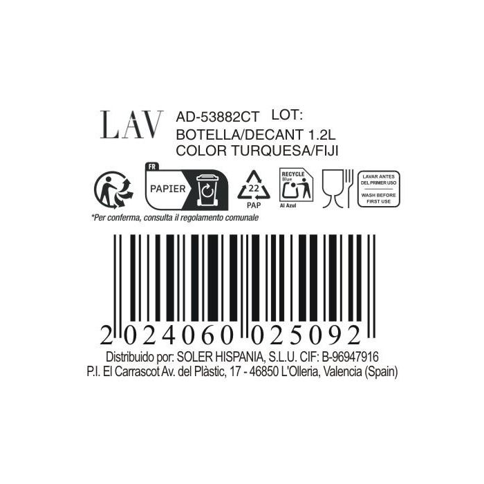 LAV Botella de Agua 1.2 Litros Color Turquesa/Fiji, 6.8 cm de diámetro por 25 cm de altura, 408 gramos (12 Unidades) 1