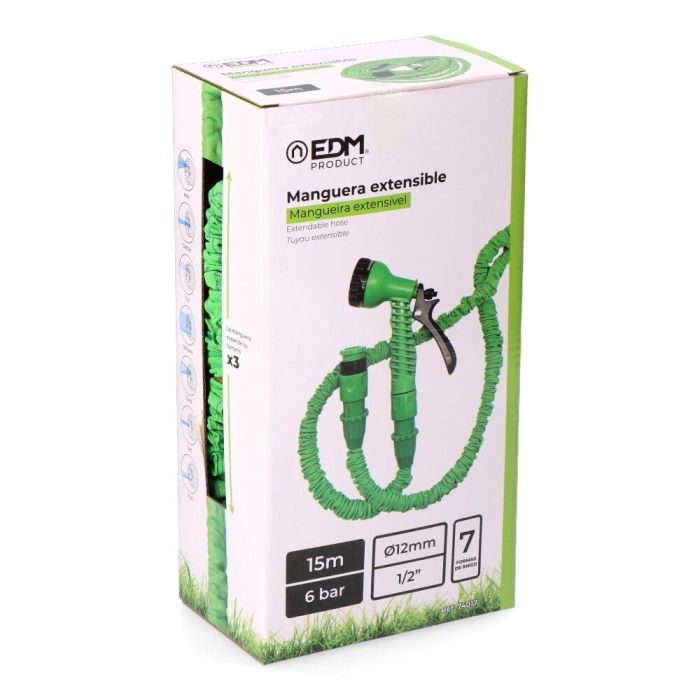 Edm Manguera extensible 15m Básic - Incluye pistola de riego, adaptador y enlaces rápidos, anti-rotura, 6 bar 4 Edm Manguera extensible 15m Básic - Incluye pistola de riego, adaptador y enlaces rápidos, anti-rotura, 6 bar 4
