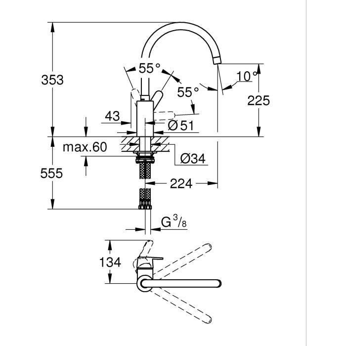 Grohe 31494001 Grifo de Cocina Monomando Cromado con Caño en Forma de C Alto, Funcionalidad de Rotación 150° para Fregadero, Serie Get 2