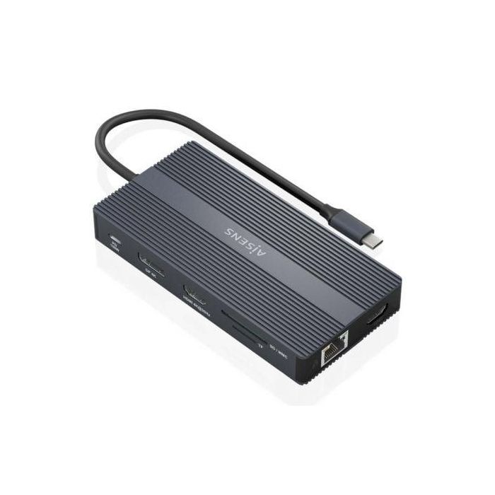 AISENS - USB-C DOCK 12 EN 1, USB-C A 2xHDMI, 1xDISPLAYPORT, 1xRJ45, 4xUSB-A, 1xUSB-C, 1xUSB-C PD, 1xSD, 1xMICRO SD, GRIS, 20CM