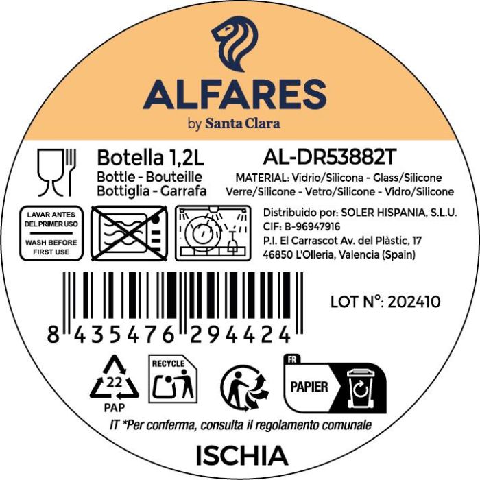 LAV Botella Decantadora Ischia 1.2 L con Grifo, Modelo Fon886.2102Pk., Dimensiones: 7 x 9 x 26 cm (6 Unidades)