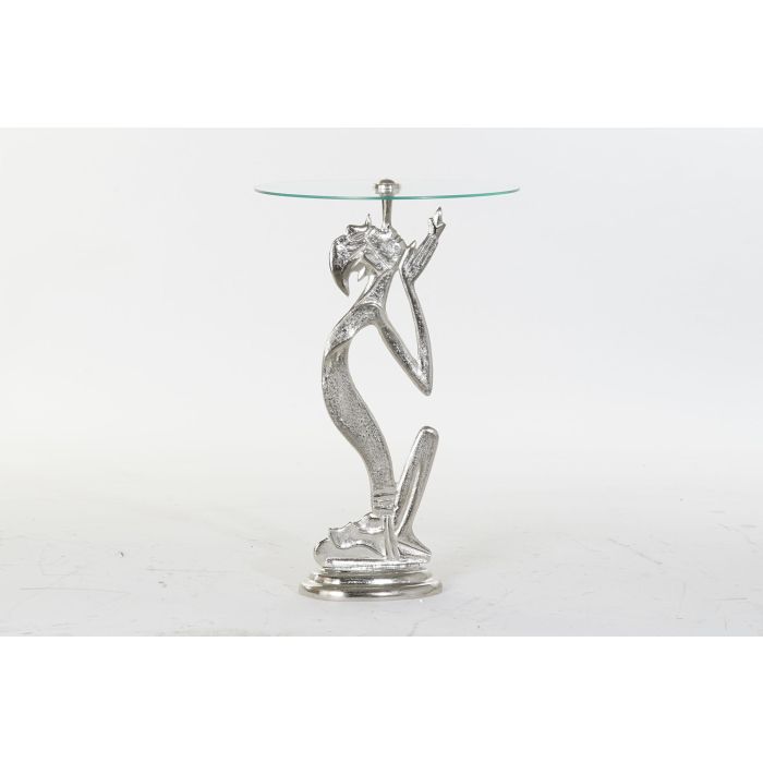 DKD Home Decor Mesita Auxiliar Indio Plateada Transparente con Estructura de Aluminio y Tapa de Cristal Desmontable 46x72x46 cm