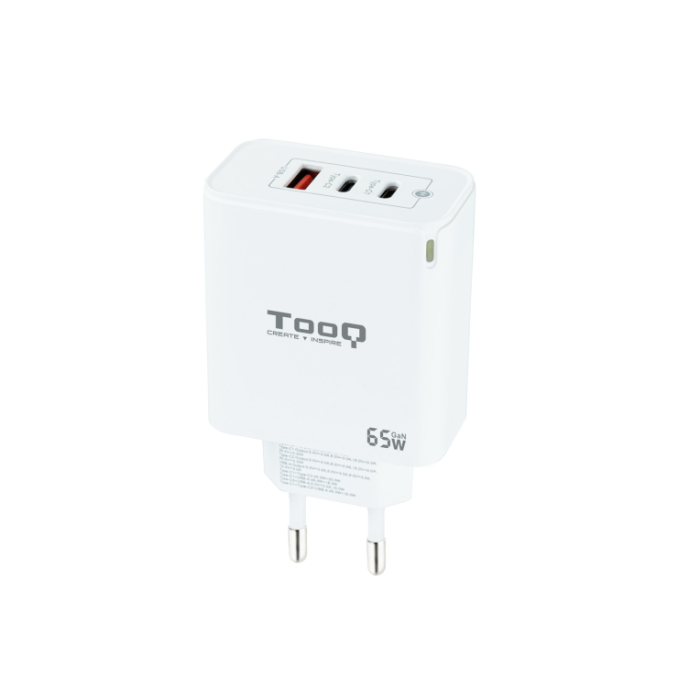 TooQ TQWC-GANQC2PD65WT Cargador de Pared GaN 65W Carga Rápida para Móviles y Portátiles, 2x USB Tipo-C y 1x USB-A, Blanco TooQ TQWC-GANQC2PD65WT Cargador de Pared GaN 65W Carga Rápida para Móviles y Portátiles, 2x USB Tipo-C y 1x USB-A, Blanco