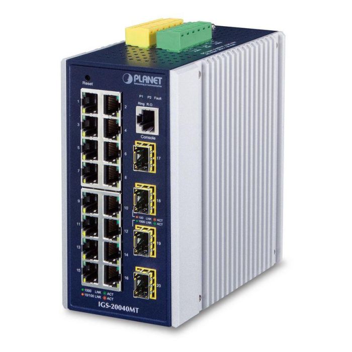 Planet IGS-20040MT Switch Industrial Gigabit Gestionable L2+/L3, 16x RJ45 + 4x SFP Fibra, IP30, -40°C a 75°C