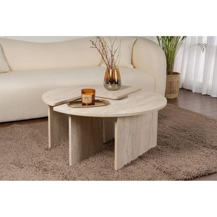 Mesa de centro - MOIRA - Redonda - Efecto mármol travertino - 90 x 90 x 41 cm 2 Mesa de centro - MOIRA - Redonda - Efecto mármol travertino - 90 x 90 x 41 cm 2