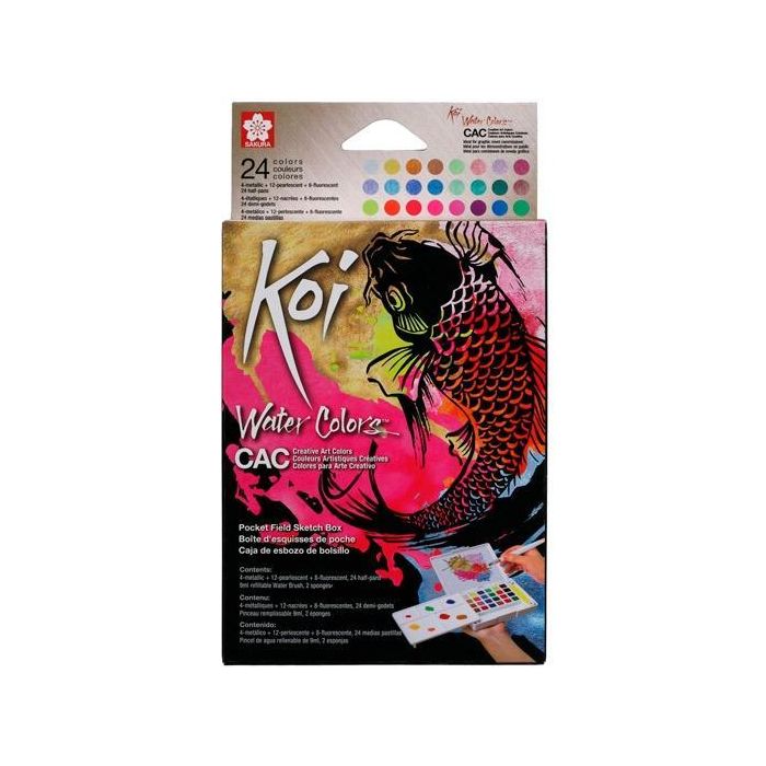 Talens Sakura Koi Water Colors Sketch Box 24 Colores - Incluye Metálicos, Fluorescentes y Nacarados, Pincel Rellenable, Esponja y Bandeja para Mezclas