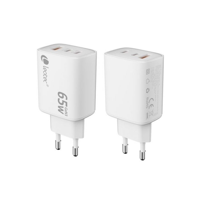 Cargador de Pared GaN Leotec LECSPH65W3W2/ 2xUSB Tipo-C/ 1xUSB/ 65W 1